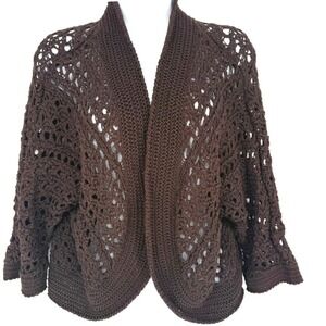 Dana Buchman Brown Crochet Open Knit Cardigan XL Boho Lagenlook Cotton